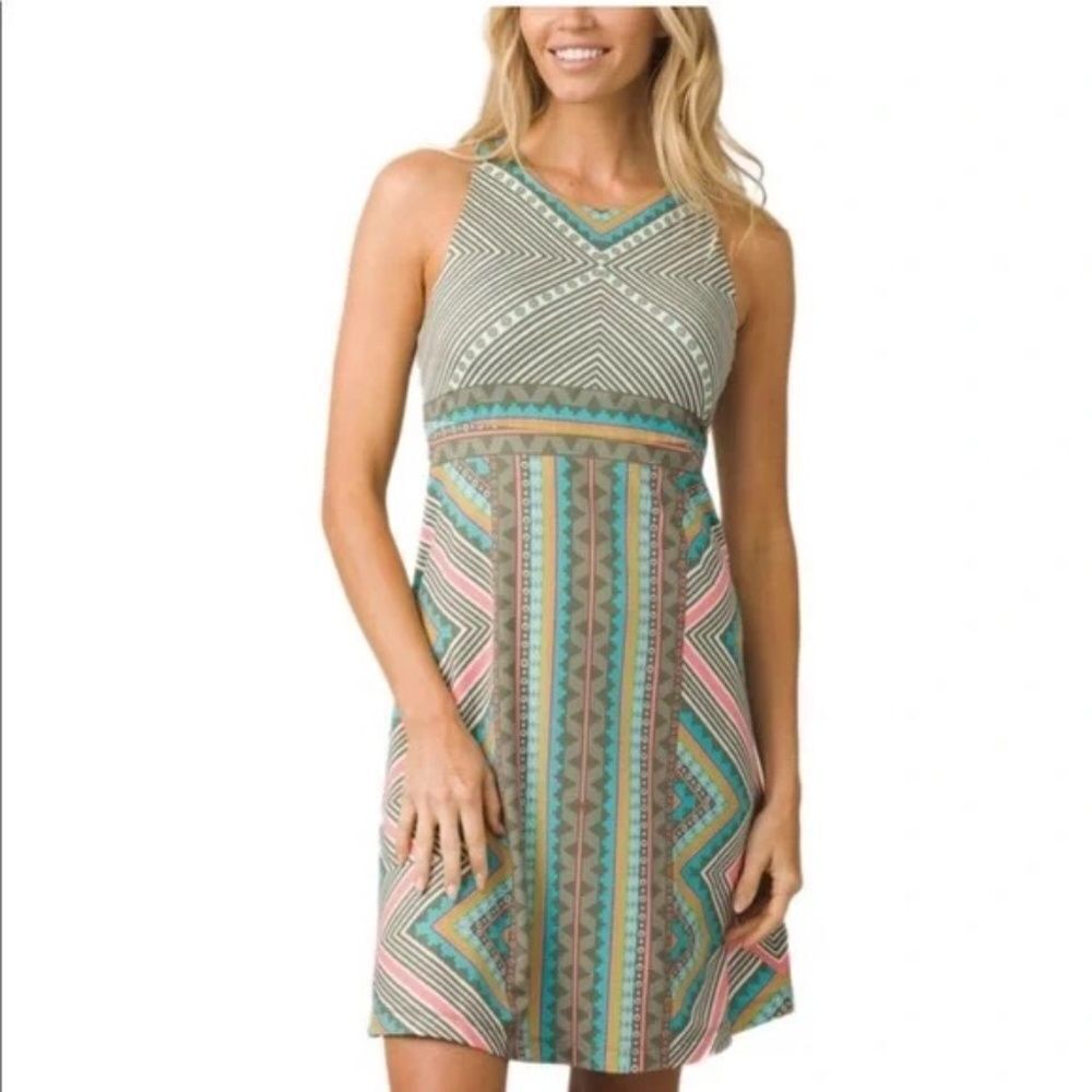 Prana Multicolor Geometric Mini Dress — Teal, Pink, Beige